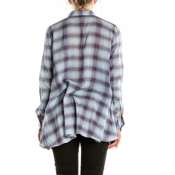 Free People Shirt Womens 0 Blue Purple Plaid Button Down 100% Cotton Lightweight - Picture 2 of 12